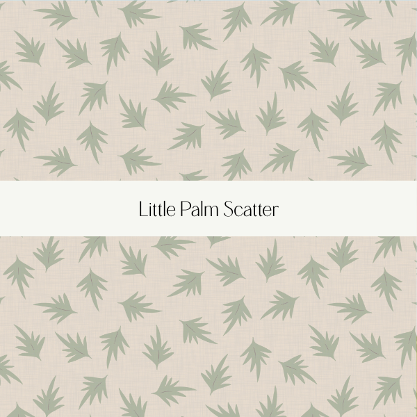 A pattern of small, light green palm leaves scattered on a beige background with a white banner in the center reading 'Little Palm Scatter'.