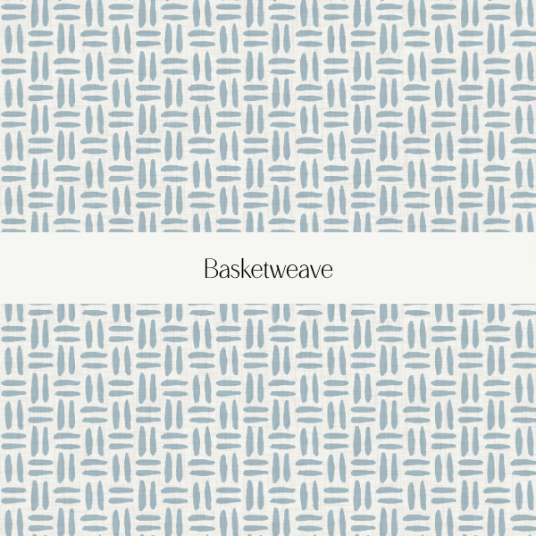 Pattern design titled 'Basketweave' with a repeating geometric pattern of horizontal and vertical lines in a light blue color, divided by a white band with the text 'Basketweave' in the center.