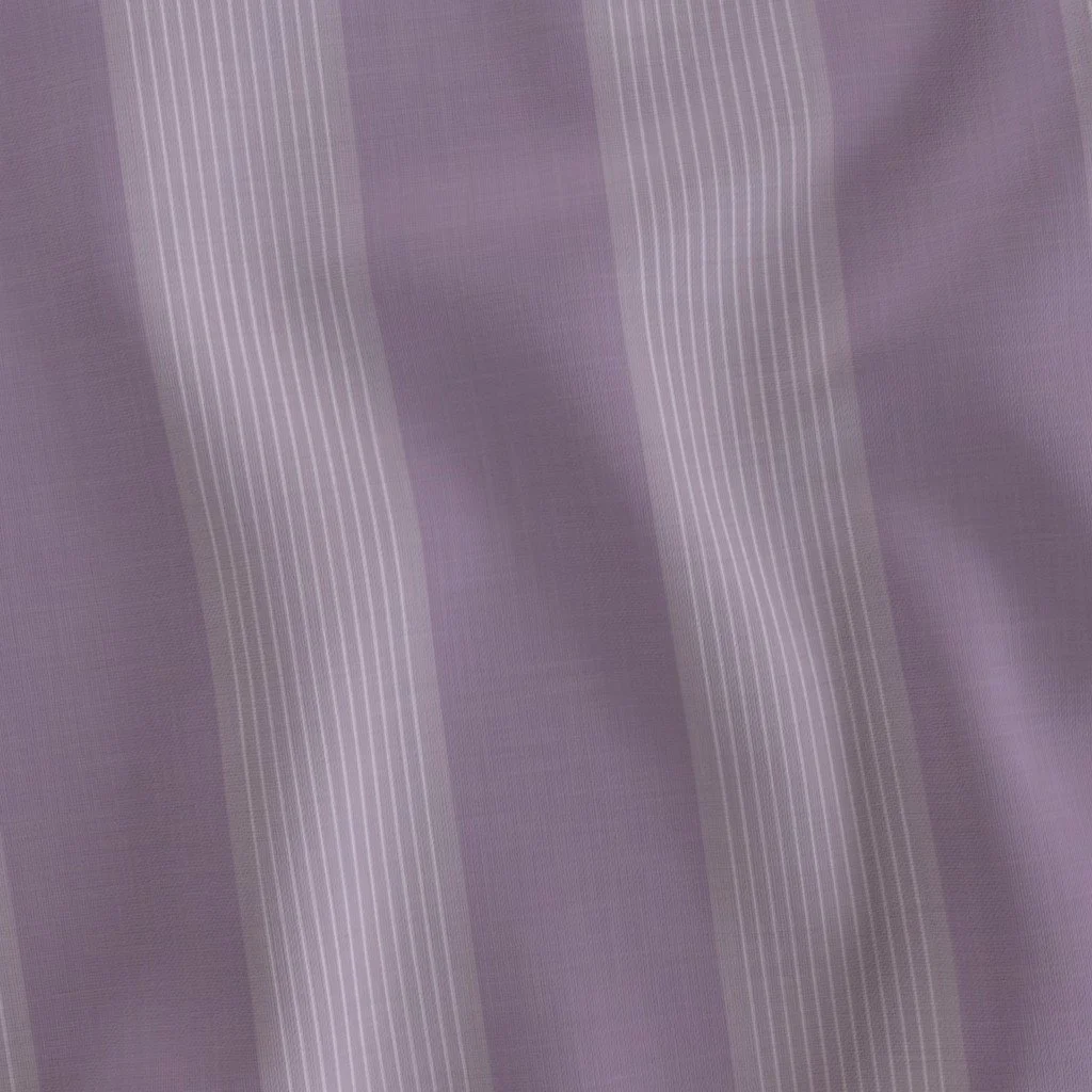 Woven fabric with vertical stripes in muted lilac and lavender, alternating between solid color blocks and broad bands filled with fine white pinstripes.