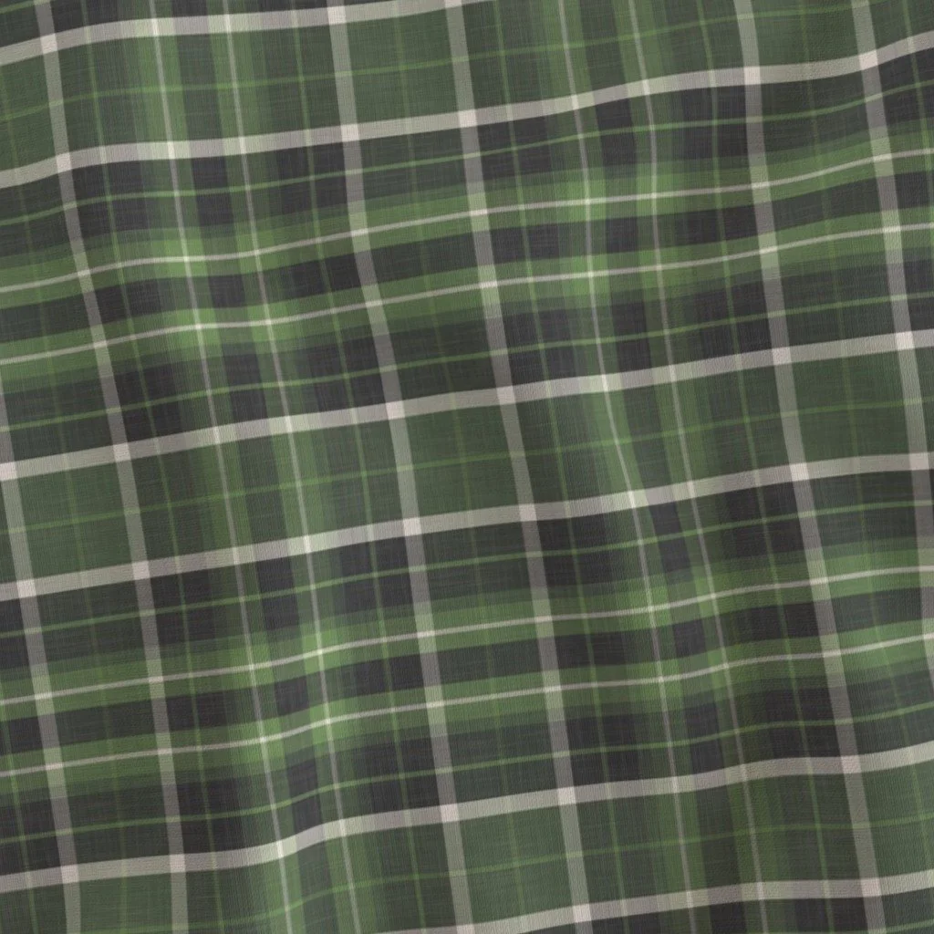 Green, black, and white plaid fabric by Una Somerville.