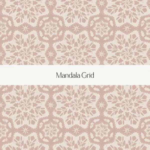 Cover of a design book titled 'Mandala Grid' with a pinkish-beige background and a pattern of mandala-inspired snowflakes.