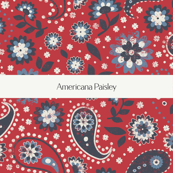 Floral pattern with blue, white, and black flowers and paisley designs on a red background, labeled Americana Paisley.