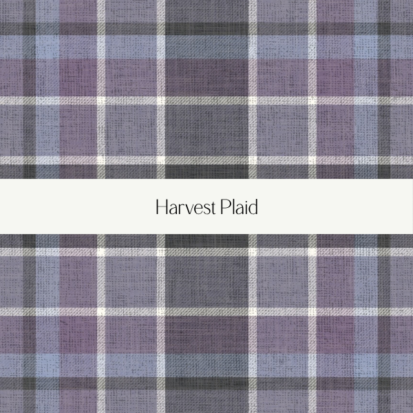 Close-up of harvest plaid fabric pattern in purple, gray, and blue tones with a label in the middle reading "Harvest Plaid."