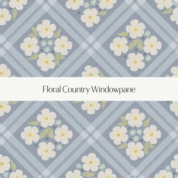 Patterned windowpane design with white and yellow floral motifs on a blue and gray geometric background, labeled 'Floral Country Windowpane'.