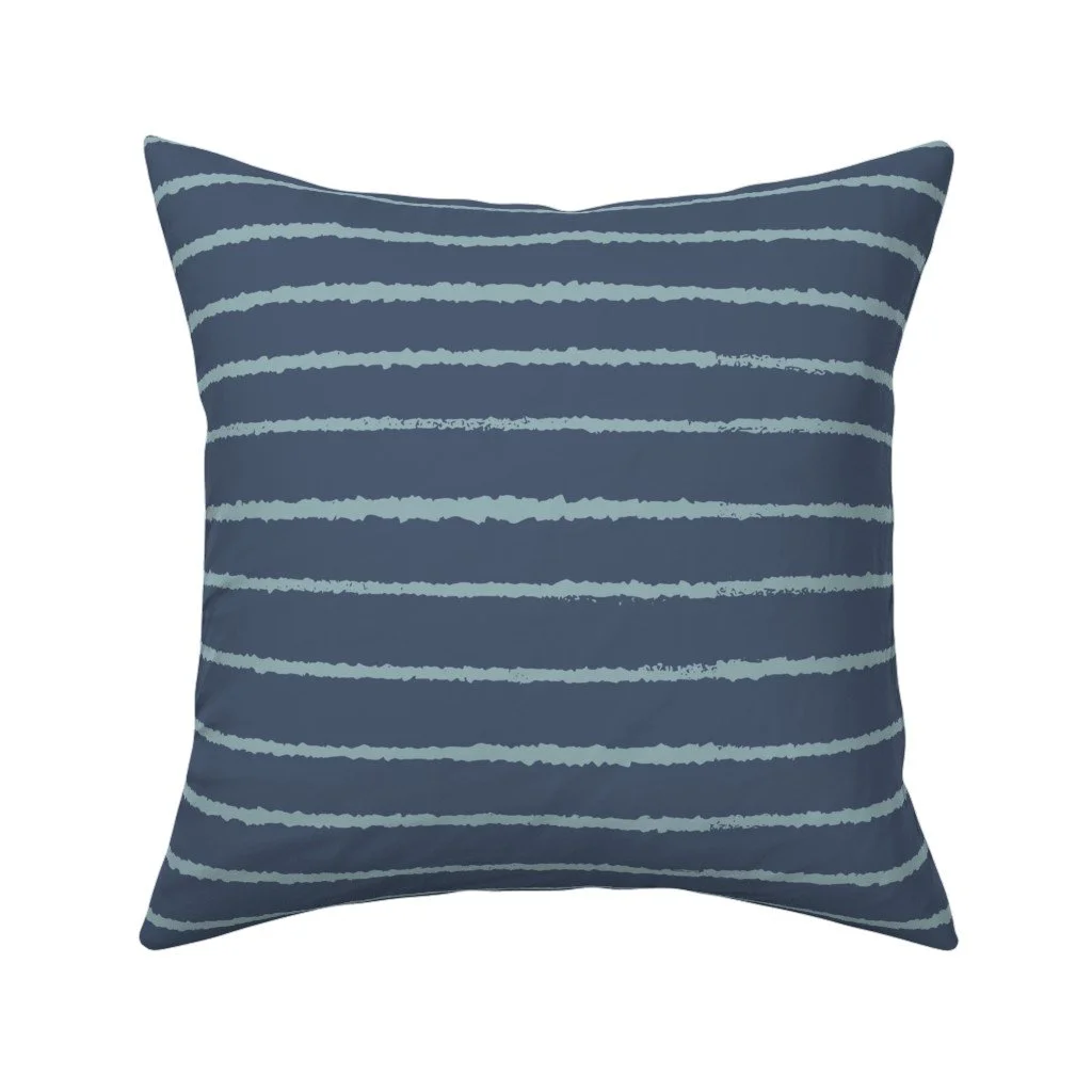 Deep navy-blue throw pillow featuring horizontal, hand-painted painterly stripes in pale sage blue. 19321044.jpg