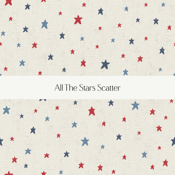 Pattern of red and blue stars scattered across a light background with a white band in the middle reading 'All The Stars Scatter'.