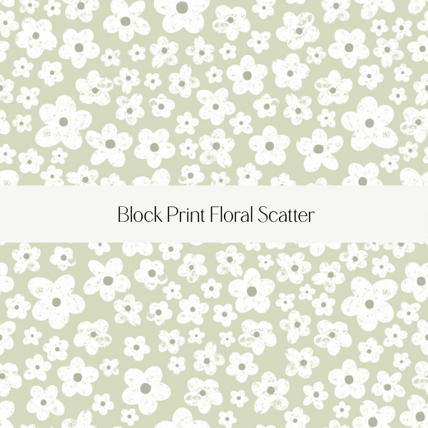 Cover design for Block Print Floral Scatter fabric with a background of white flowers on a light green background.