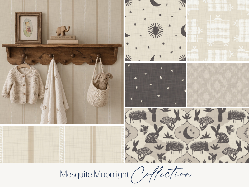Display of nursery decor and fabric swatches from the Mesquite Moonlight Collection, featuring animal and celestial patterns in neutral tones.