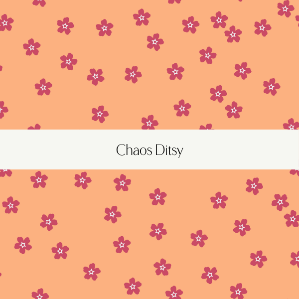 Book cover with peach background and small pink flowers, titled 'Chaos Ditsy' in the center.