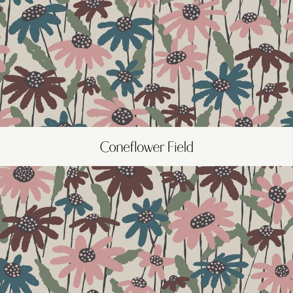 Pattern of pink, blue, and brown coneflowers with green leaves on a beige background, with a label reading "Coneflower Field."