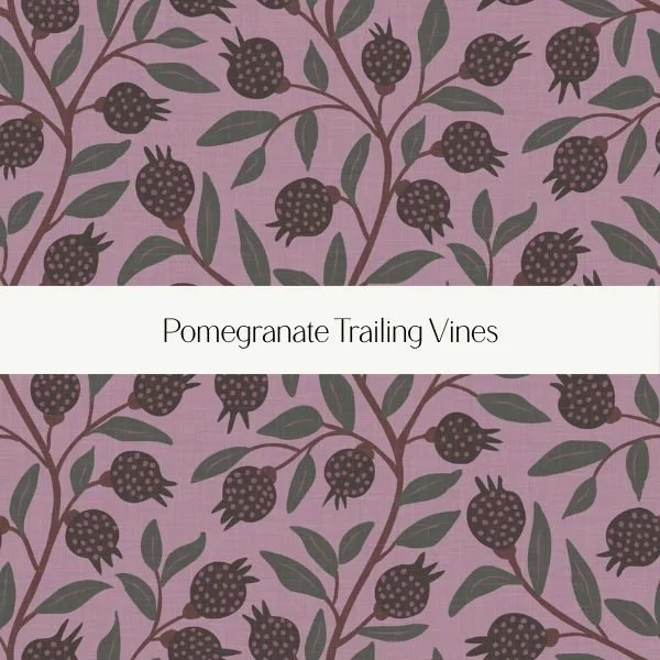 Pattern of pomegranate fruits and leaves on a purple background, with a white banner reading 'Pomegranate Trailing Vines'.