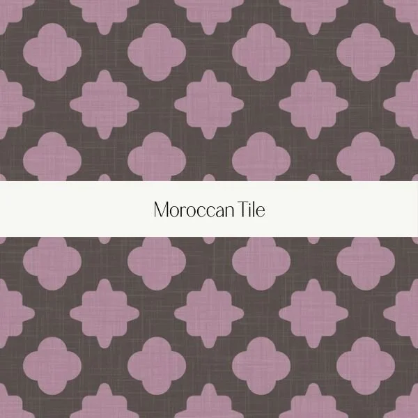 Pattern of purple Moroccan tiles on a dark background with a white label in the center that reads 'Moroccan Tile'.