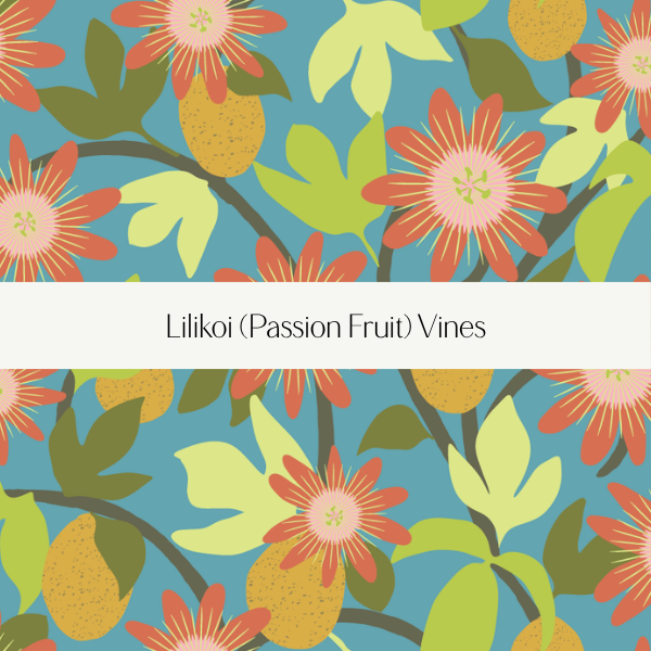 A colorful pattern of passion fruit vines with green leaves, orange passion flowers, and yellow passion fruits on a blue background.