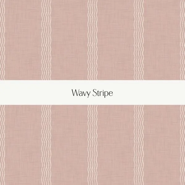 Close-up of fabric with wavy stripe pattern in light pink and white.
