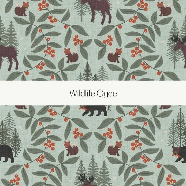 Pattern with bears, berries, and trees in a nature-inspired design.