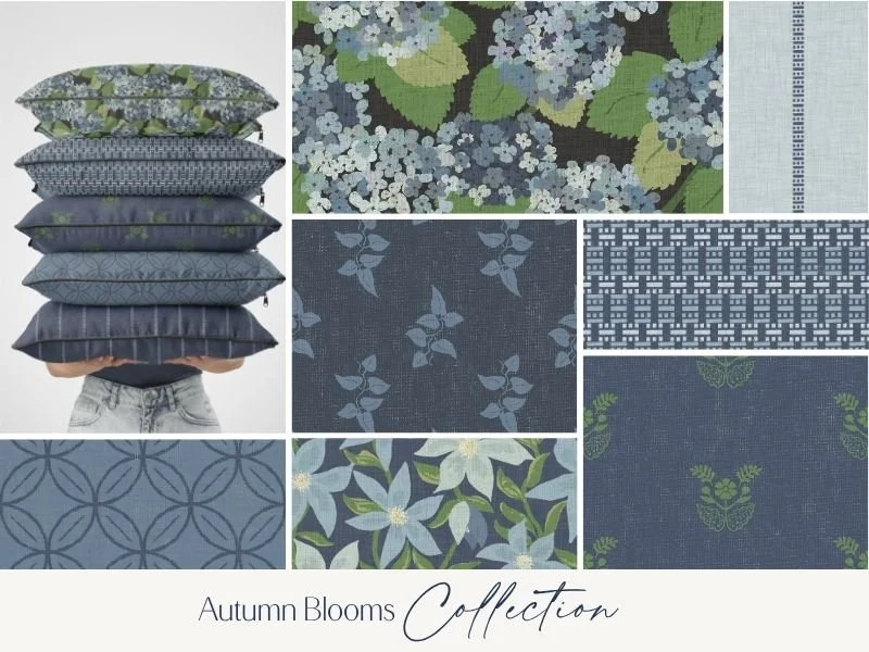 A person holding six patterned pillows, arranged from top to bottom, with a collage of various fabric patterns in shades of blue and green featuring floral and geometric designs behind them. The text says "Autumn Blooms Collection."