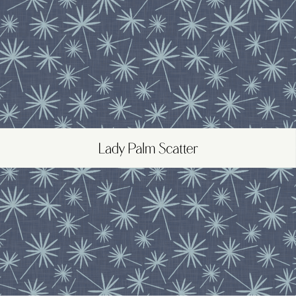 Pattern with white lady palm shapes on a blue background, labeled 'Lady Palm Scatter'.