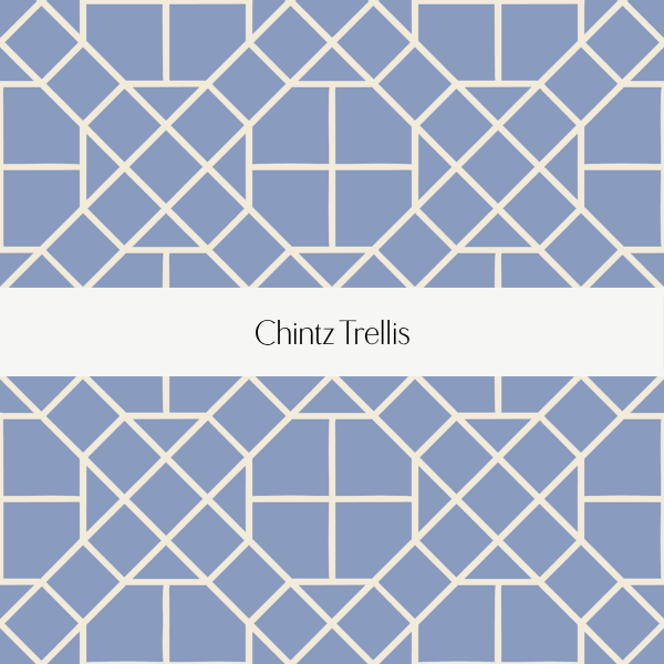 Book cover titled 'Chintz Trellis' featuring a blue and white geometric chintz pattern background.