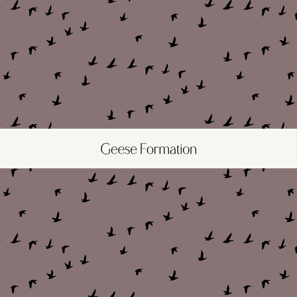 Illustration of a flock of black silhouettes of flying geese against a gray background, with a white banner in the center that reads "Geese Formation".