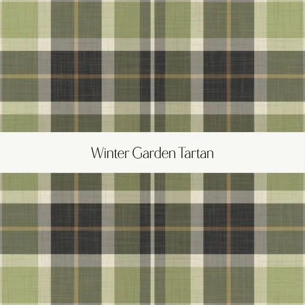 Close-up of green and black tartan pattern with white text label 'Winter Garden Tartan' in the center
