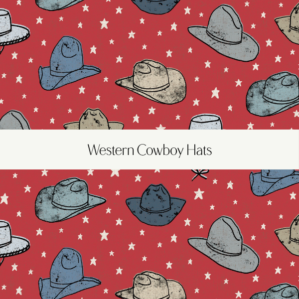 Pattern of cowboy hats and stars on a red background.