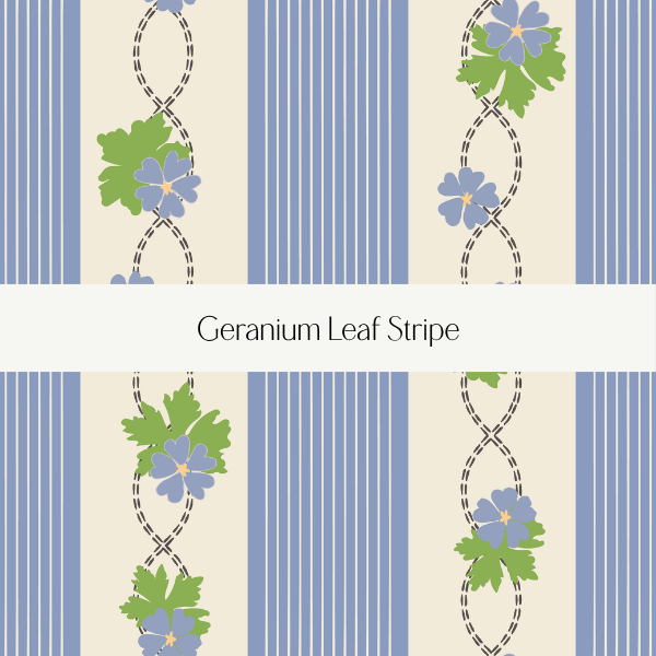 Design featuring blue geranium flowers with green leaves and dashed lines on a striped background with vertical blue and white lines, labeled 'Geranium Leaf Stripe'.