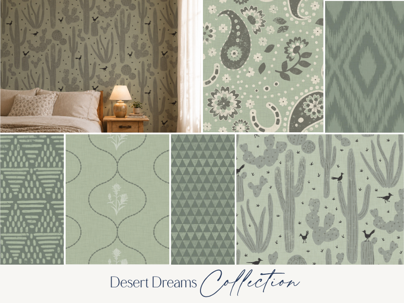 Collage of desert-themed wallpaper patterns featuring cacti, florals, geometric designs, and birds, from the Desert Dreams Collection.