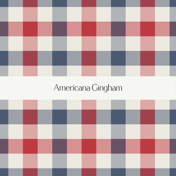 Cover design featuring a checkered pattern of red, white, and blue squares with the text "Americana Gingham" in the center.