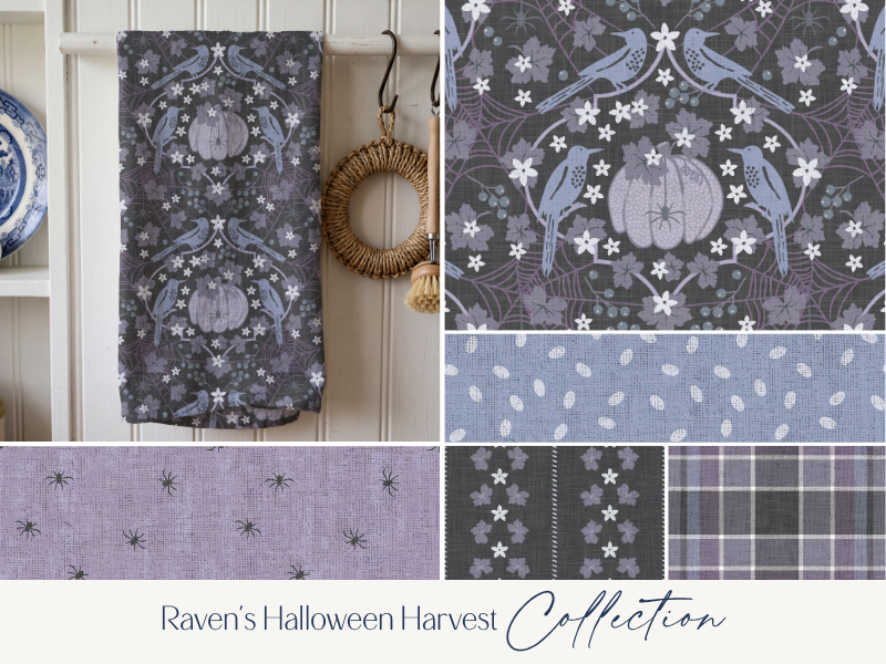 A collection of fabric patterns with a Halloween theme, featuring purple, black, and gray colors with spiders, pumpkins, bats, and floral motifs, displayed alongside a hanging towel and fabric samples.