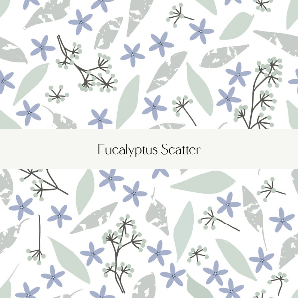 A pattern featuring eucalyptus leaves and small blue flowers with the text 'Eucalyptus Scatter' across the middle.
