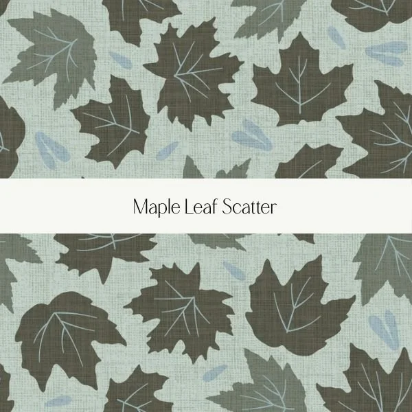 Pattern of gray maple leaves and small blue leaves on a light background with the text 'Maple Leaf Scatter' in the center.