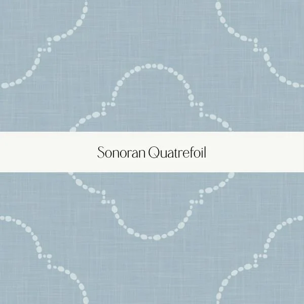 Cover of Sonoran Quatrefoil book with a light blue patterned background and white text