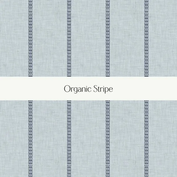 Fabric with light gray background and dark gray vertical stripes labeled 'Organic Stripe'