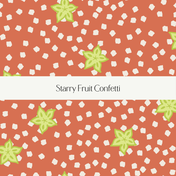 Pattern of green star-shaped fruits on a reddish-brown background, with a white band in the middle displaying the text 'Starry Fruit Confetti'.