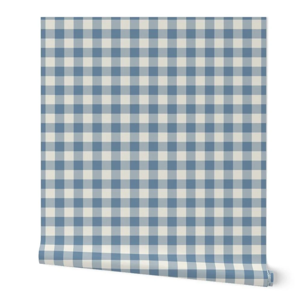 Alt text: Wallpaper roll showing a classic gingham check pattern in slate blue and warm cream