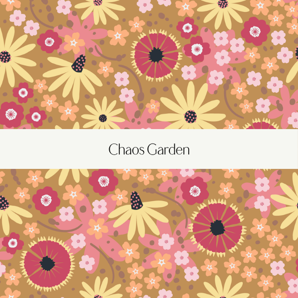 Pattern of various flowers in pink, yellow, and red with black accents on a brown background, labeled 'Chaos Garden'.