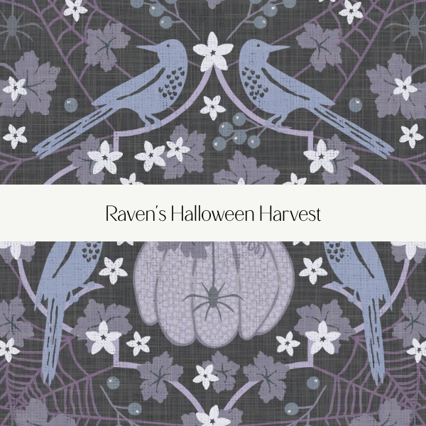 Decorative Halloween-themed image with bluebirds, pumpkin, spider, and floral patterns, featuring the text "Raven's Halloween Harvest."