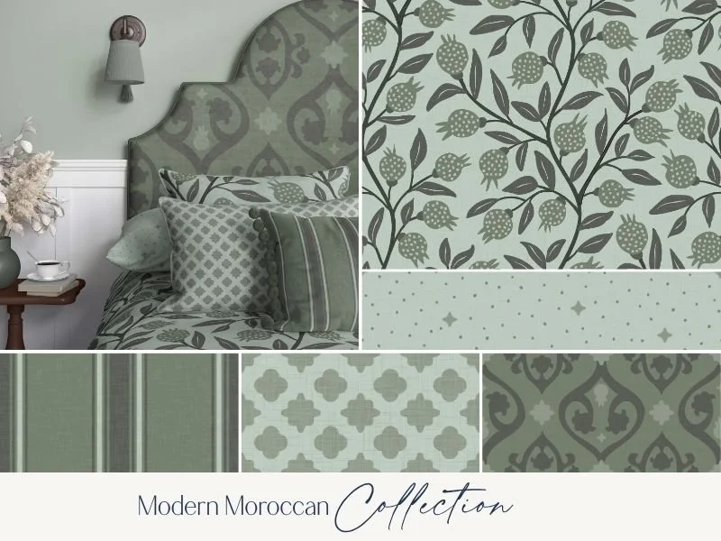 A bedroom with a bed featuring a headboard and pillows with a Moroccan-inspired pattern in green and gray. The wall above the bed has a matching green and gray wallpaper. Beside the bed is a wooden nightstand with a vase of white flowers, a cup, and saucer. The image also shows close-ups of different wallpaper and fabric patterns from the Modern Moroccan Collection, with floral, geometric, and striped designs in similar colors.