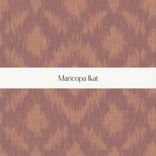 Book cover with a pinkish-brown patterned background and a white horizontal stripe in the middle that says 'Maricopa Ikat'.