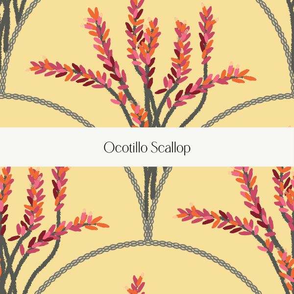 Illustration of ocotillo plants with red and pink flowers on a light yellow background.