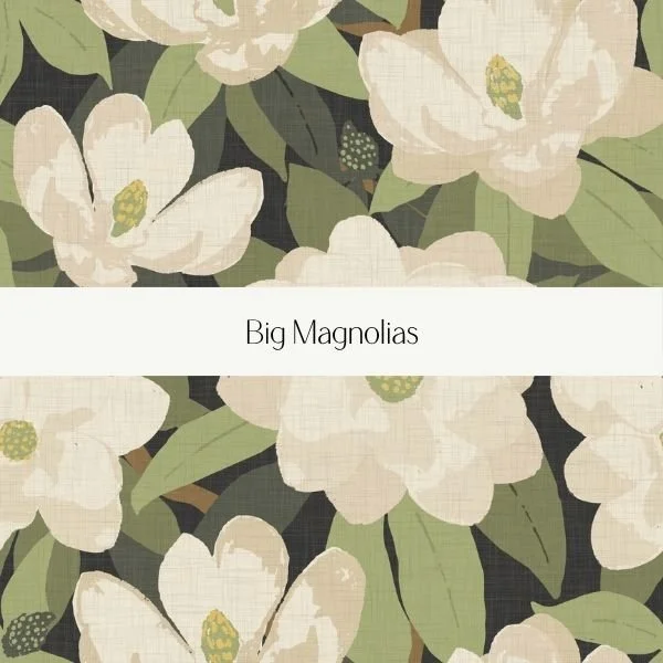 A floral pattern with large white magnolia flowers and green leaves, with the text 'Big Magnolias' in the center.