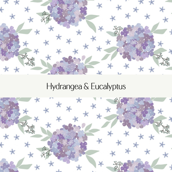 Pattern featuring clusters of hydrangea flowers and eucalyptus leaves with small star-like accents.