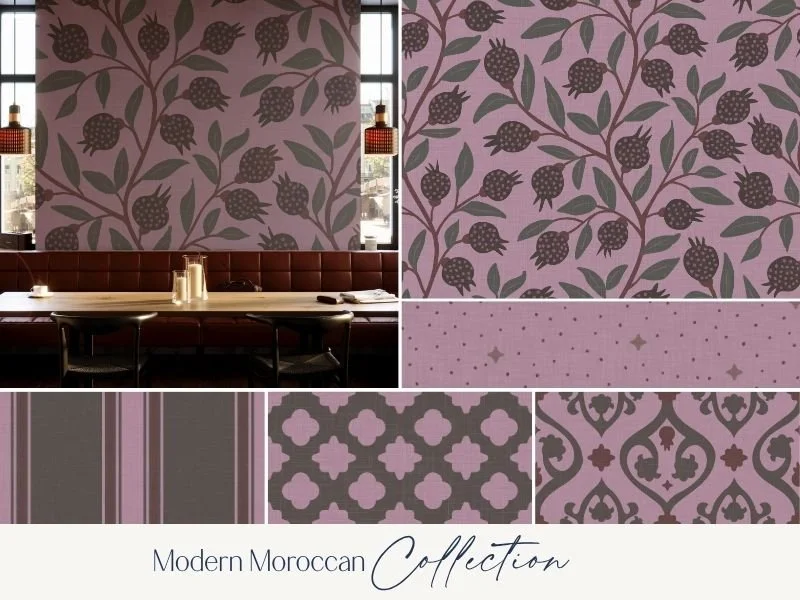 A collage of five pictures featuring modern Moroccan-inspired wall patterns in shades of purple and gray, with a cafe interior in the center showing a table, chairs, and window views.