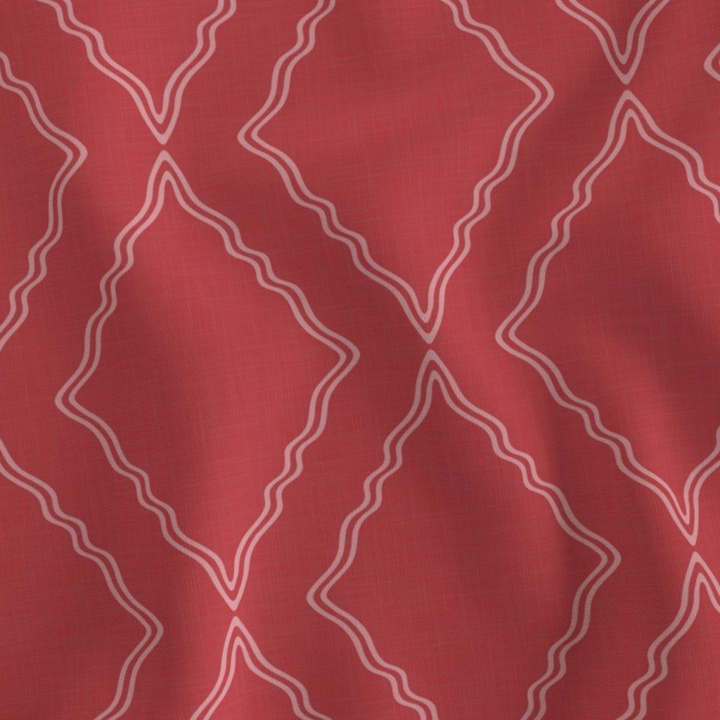 Poppy red fabric patterned with a geometric diamond trellis composed of concentric, wavy off-white lines.