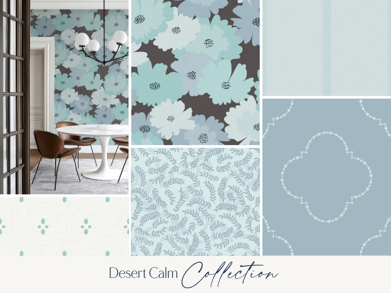 Collage of interior decor with floral and geometric wallpaper patterns in shades of blue, white, and gray, featuring a dining area with a white round table and brown chairs, and a modern chandelier.