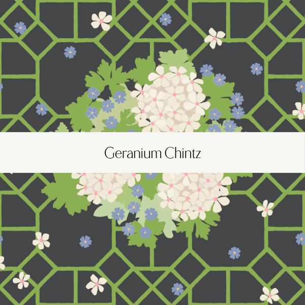 Illustration of white and pale pink hydrangea flowers with green leaves on a dark background, with a green lattice pattern and small blue and white flowers. Text: Geranium Chintz.