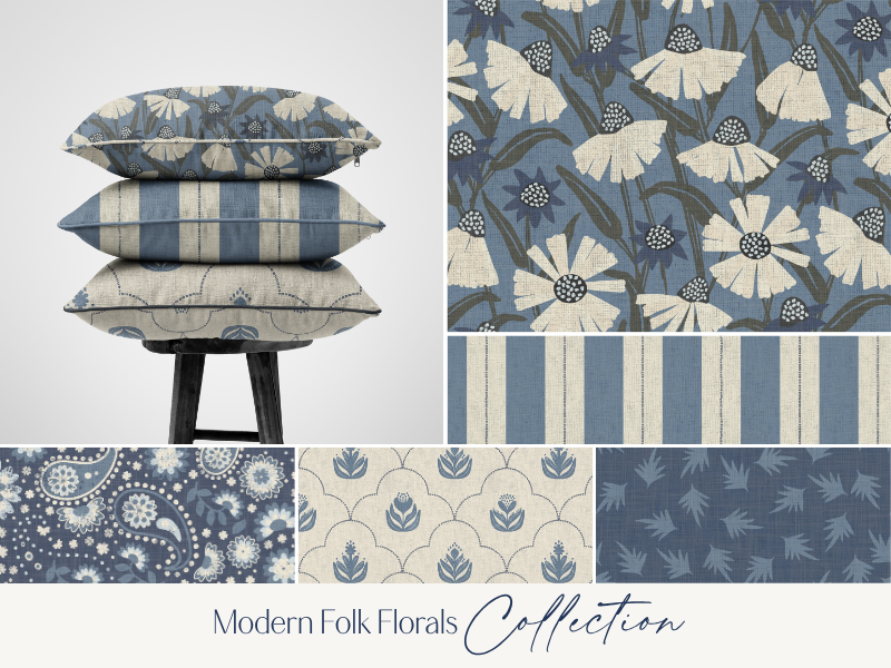 A stack of four decorative pillows with modern folk floral patterns in shades of blue, cream, and beige, placed on a black stool against a light background. Adjacent to the pillows are four close-up fabric swatches displaying floral and geometric designs.