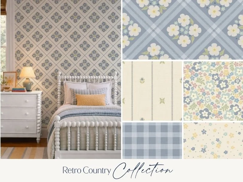 A bedroom with vintage blue and white patterned wallpaper, a white bed with striped bedding and a yellow pillow, a white dresser with a lamp, framed artwork, and several fabric swatches featuring floral, checkered, and striped patterns in soft pastel colors.
