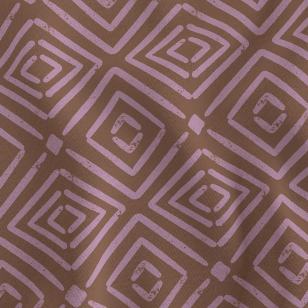 Brown fabric with a repeating pattern of light purple concentric squares.