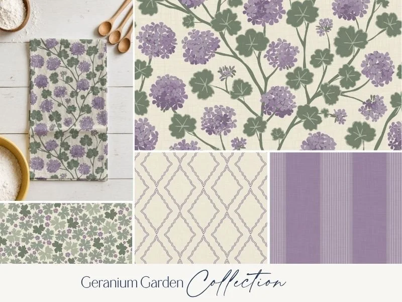 A collage of four fabric patterns with lilac and green floral designs, part of the Geranium Garden Collection. The patterns include large purple hydrangea-like flowers, smaller floral motifs, geometric lattice, and striped motifs. A white wooden surface with spoons and a bowl of rice is also visible.
